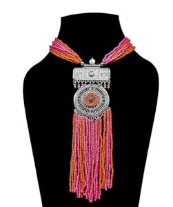 Bohemian Long Oxidized Metallic Finish Silver Boho Beads Necklace