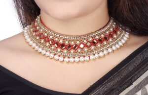 Red Zardosi Embroidery Thread Work Kapada cloth necklace